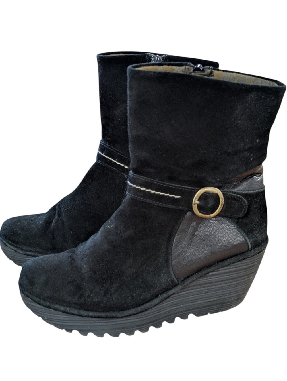 Fly London Black Suede Wedge Ankle Boot Size 39